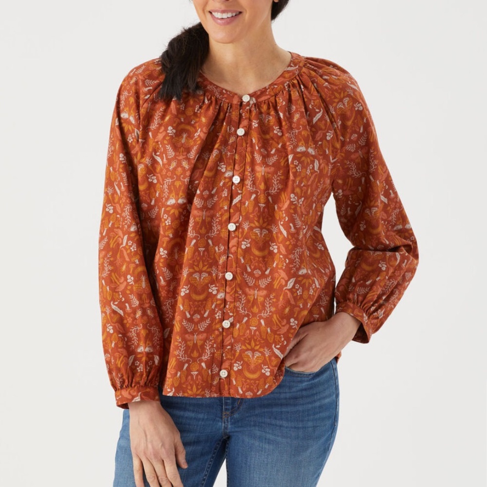 Duluth Trading Co Orange 100% Organic Cotton Patterned Blouse - Picture 4 of 9